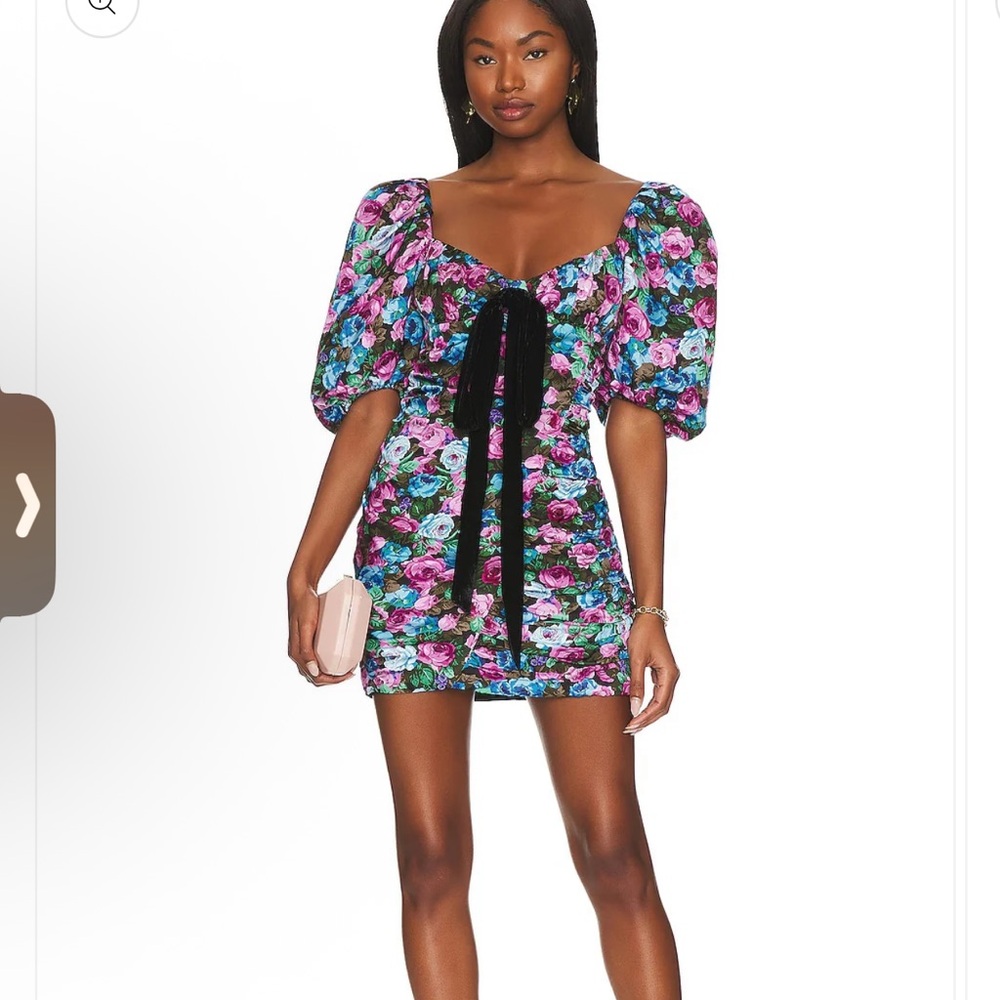 Floral Puff-Sleeve Mini Dress with Velvet Tie size Large